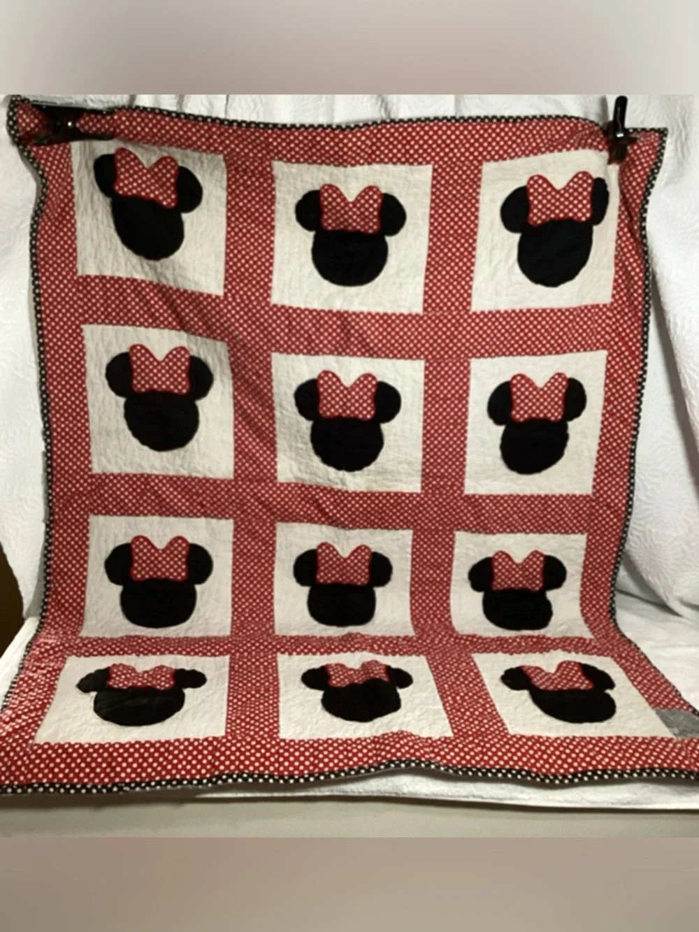 Vintage Handmade Minnie Mouse Themed Baby Quilt Red White Black Polka Dots